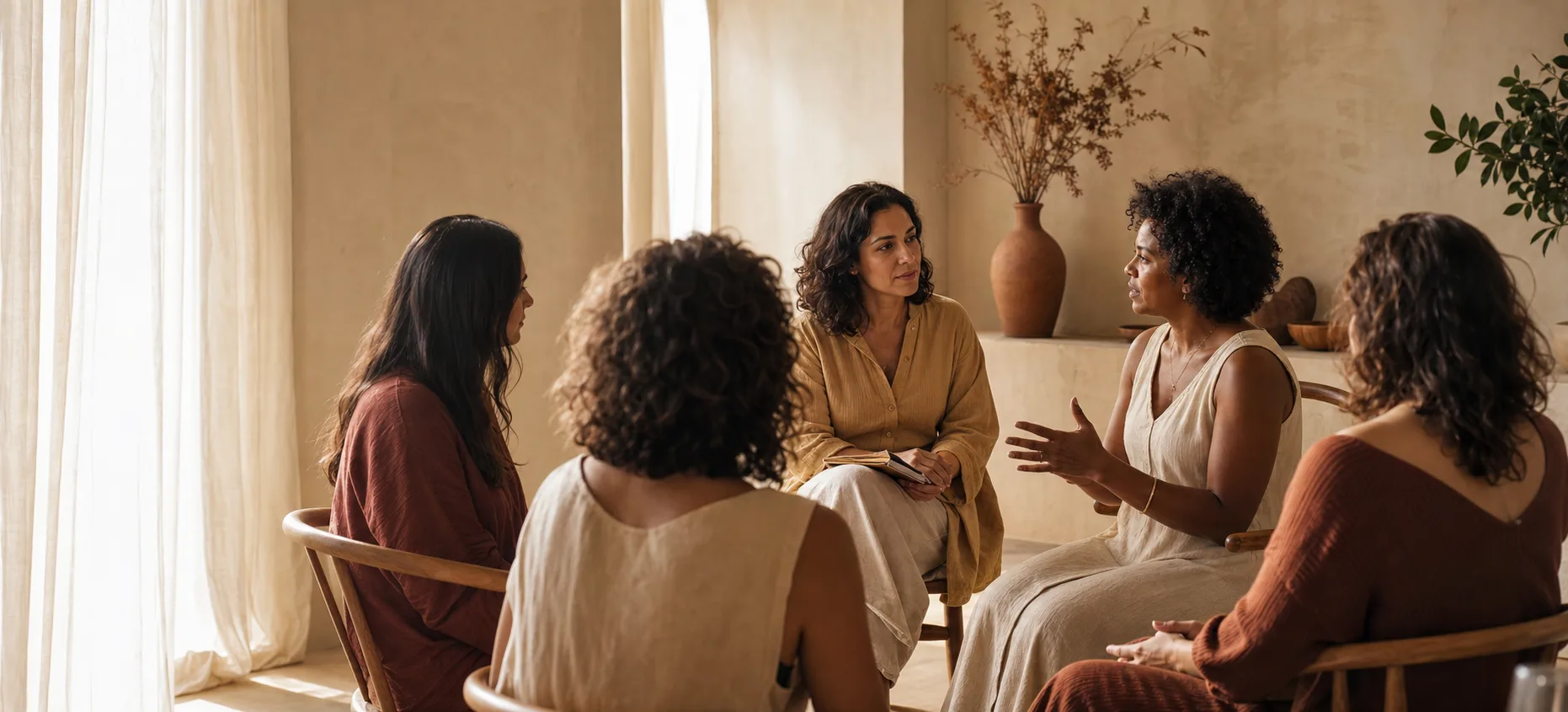 Mulheres reunidas em uma roda de conversa acolhedora do Ciclos de Pausa